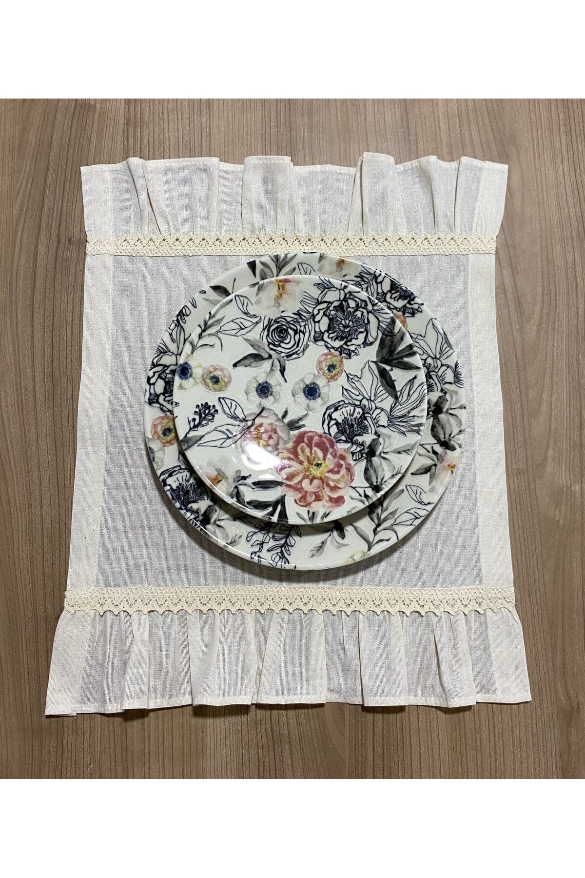 %100 Pamuklu Ham Keten Fırfırlı Dantelli Dikdörtgen 2'li Amerikan Servisi Supla 35x45 Cm