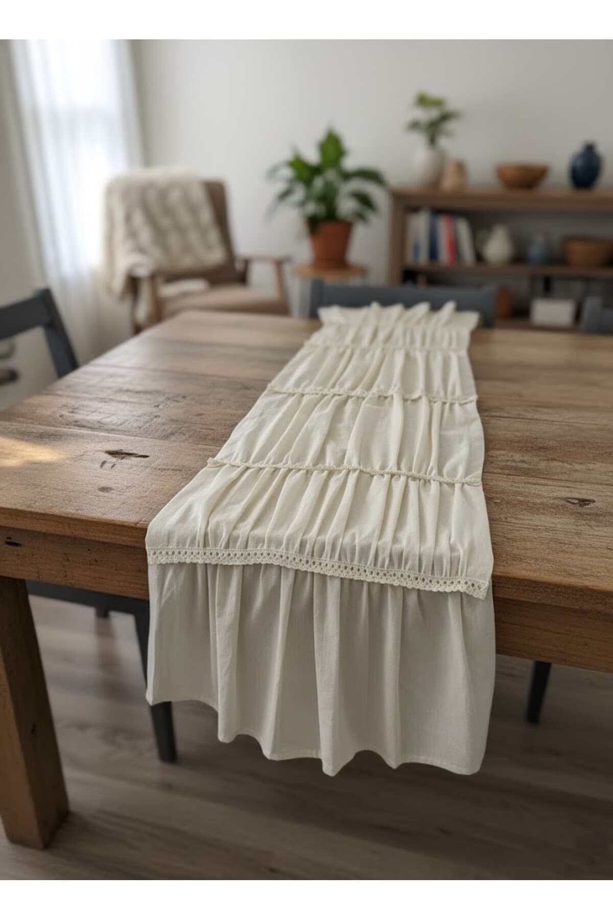 %100 Pamuklu Dantel Detaylı Ham Keten Bohem Runner 40x110 cm
