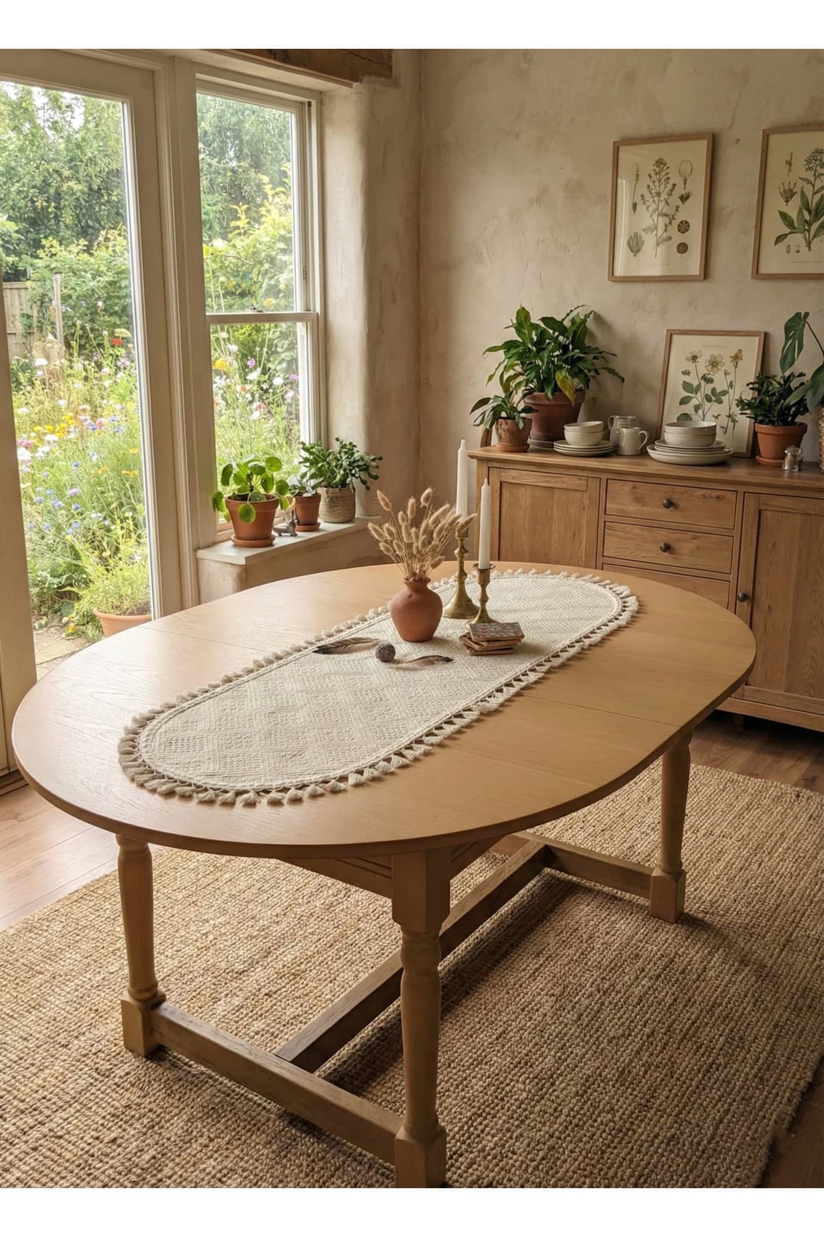 Doğal Dokulu Püsküllü Buldan Bezi Oval Runner 40×140 cm