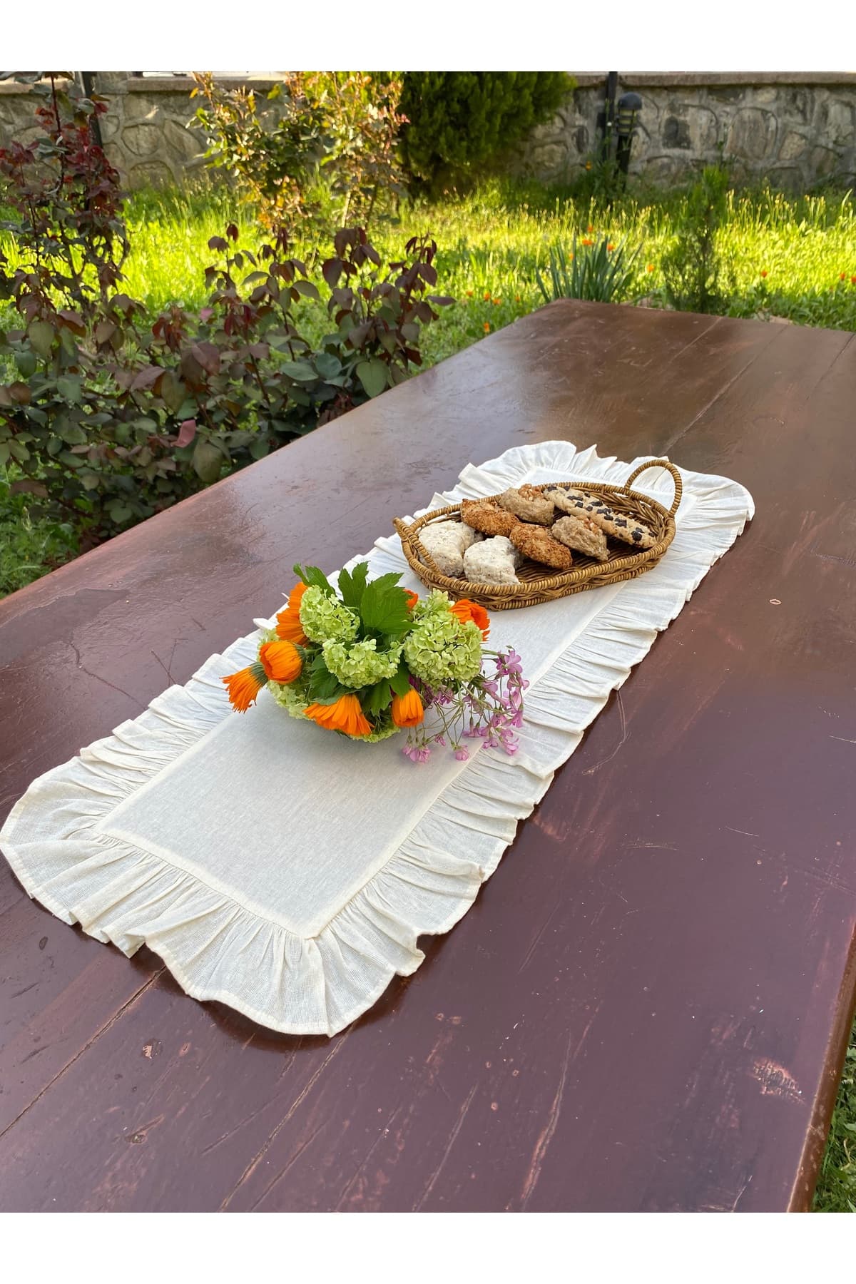 %100 Pamuklu Ham Keten Fırfırlı Runner 30x80 cm