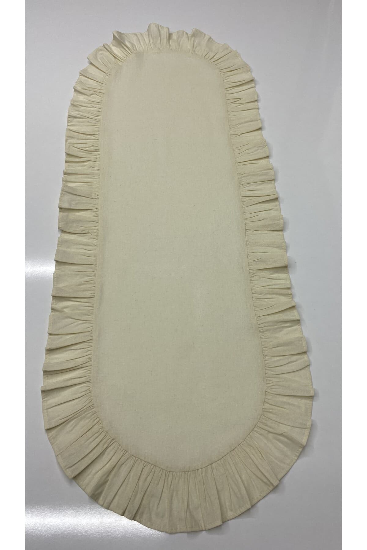 %100 Pamuklu Bej Ham Keten Fırfırlı Oval Runner 40x110 Cm