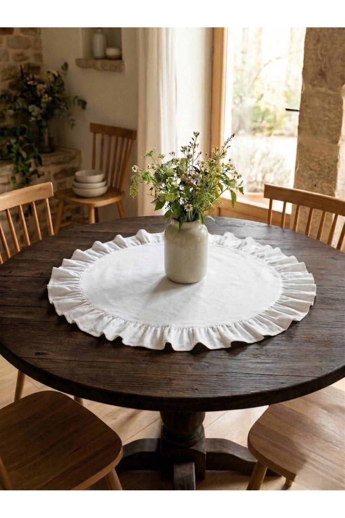 Bohem Fırfırlı Yuvarlak Beyaz Runner 60 cm