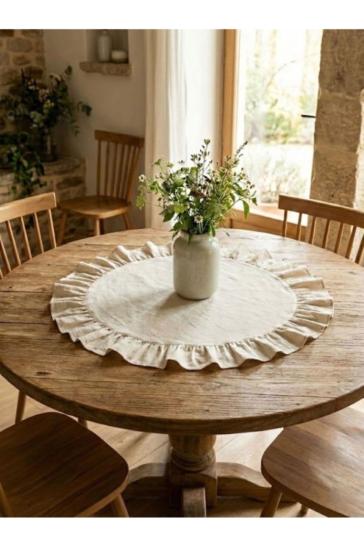 Bohem Fırfırlı Yuvarlak Ham Keten Runner 60 cm